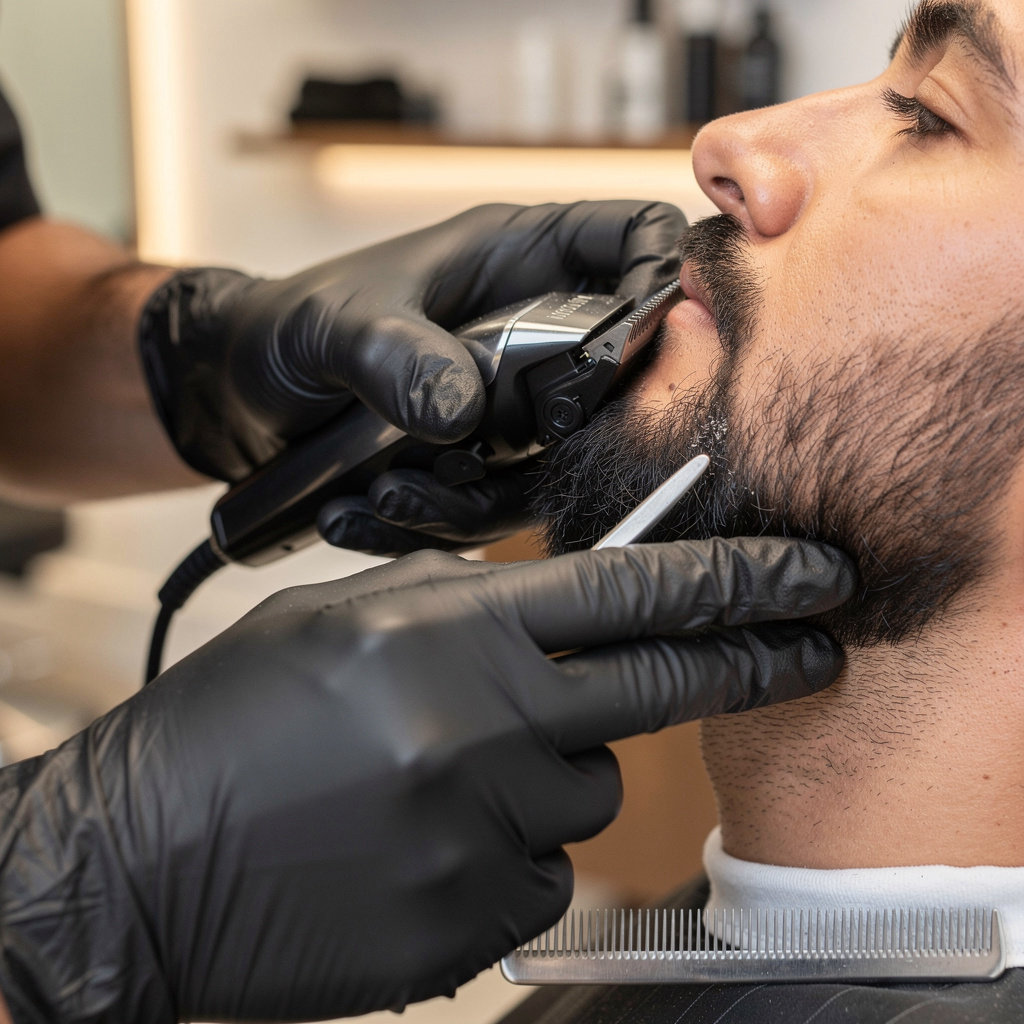 Champ's Barber Shop expert barber providing a precision beard trim and shaping in Santa Barbara