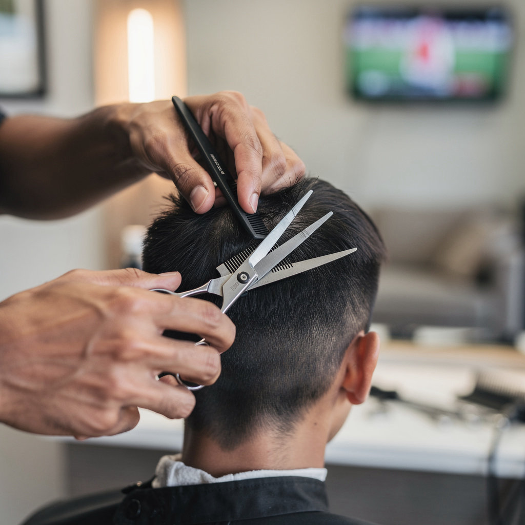 Champ's Barber Shop professional barber providing a haircut in our clean, modern Santa Barbara shop